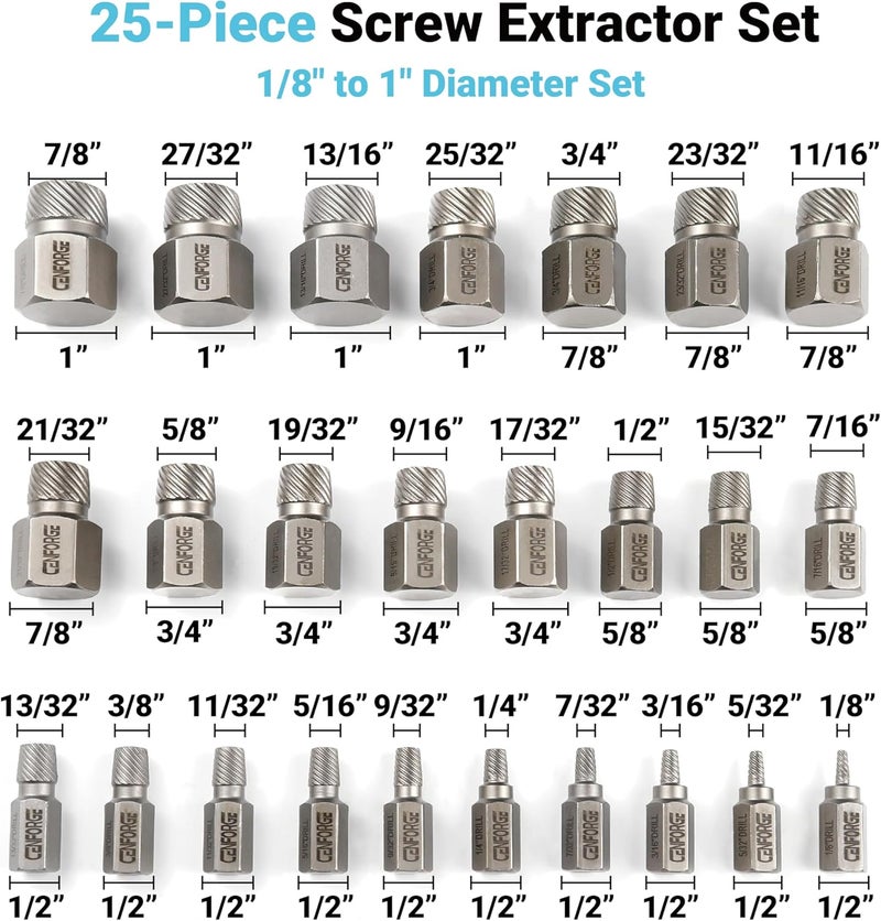 CENFORGE Store 25-Piece Screw Extractor Set, Hex Head Multi-Spline, Easy Out Bolt Extractor Tool, Chrome Molybdenum Alloy Steel Heavy Duty EZ Out Rounded Screw Remover, 1/8" to 1" diameter - Image 4